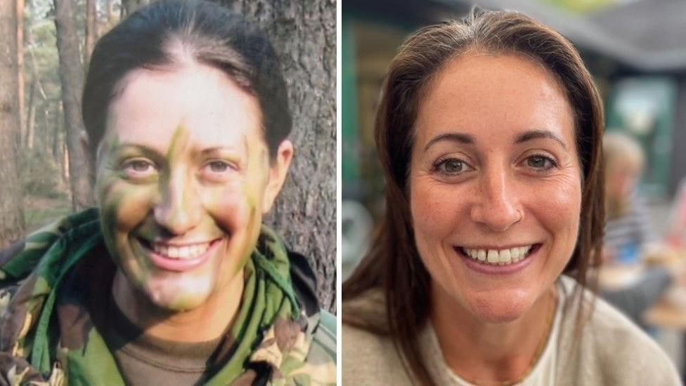 Two photos show Bex in combat fatigues (on the left) and as a civilian now (on the right)